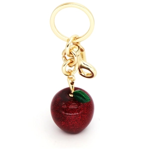 Sparkling red apple keychain with gold lobster clasp and green leaf charm for women