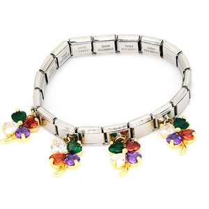 Italian modular charm bracelet in stainless steel with colorful clover zircon pendants
