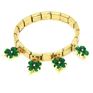 Gold Italian charm bracelet with green four-leaf clover pendants in stainless steel