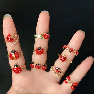Adjustable Enamel Ladybug Open Ring Gold Plated Copper Zirconia Animal Beetle Finger Ring Fashion Jewelry For Women Girls
