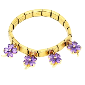 Italian modular charm bracelet in gold stainless steel with purple clover zircon pendants