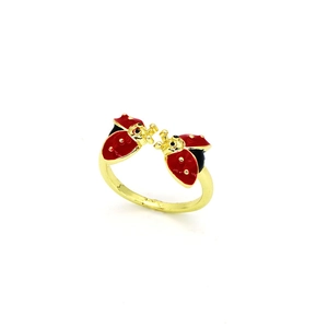Detailed view of enamel red ladybug open ring with gold finish and zircon accents