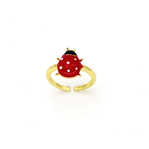 Adjustable gold ladybug ring with red enamel and white dots for women and girls