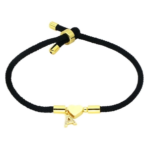 Black woven letter A bracelet with gold heart charm and micro-inlaid cubic zirconia