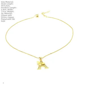 Detail showing 18k gold plated letter A pendant with bee and dimensions 2.4x1.7cm