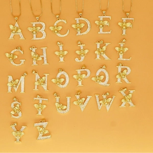 Hip Hop Style Copper Gold Plated Alphabet Initial Letter Pendant Necklace With Bee Decor Rhinestone Inlaid Necklace Jewelry