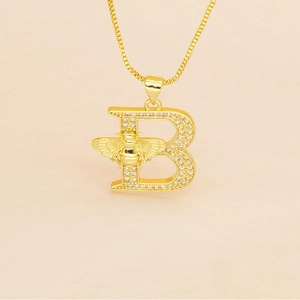 Gold-plated letter B necklace with sparkling zircon bee pendant on box chain