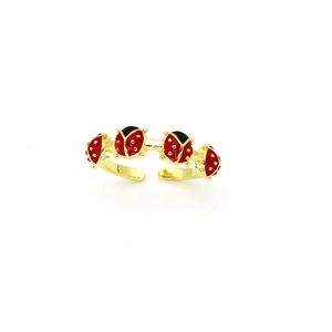 Detail view of colorful enamel ladybug ring with adjustable open band in gold finish