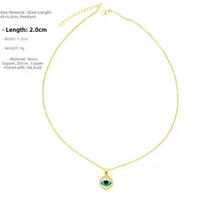 Detail of 18k gold plated evil eye pendant with dimensions and materials info