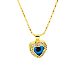 Golden heart pendant necklace with evil eye and white zircons on white background