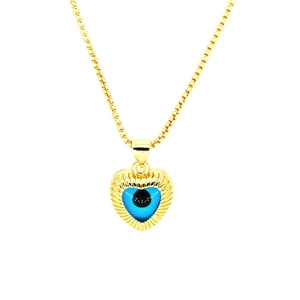 Golden heart necklace with blue Evil Eye pendant and textured sunburst metal frame