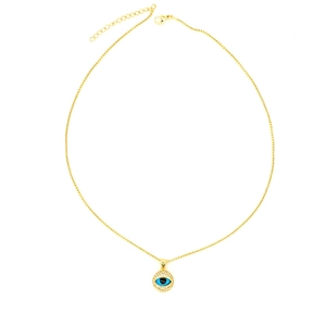 Detail of golden Evil Eye pendant with blue inlay and clear zircon border crystals