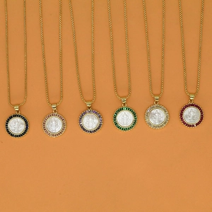 Luxury Copper 18K Gold Plated St Benedict Medal Pendant Necklace White Mother Of Artificial Pearl Round Baguette Zirconia Clavicle Chain Jewelry For Women