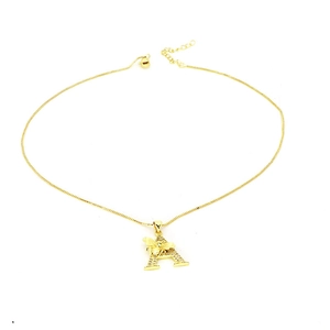 Detail of gold letter A pendant with bee design and shimmering cubic zirconia stones