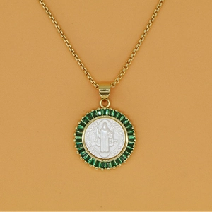 Vintage gold necklace with St. Benedict shell pendant and green zircon gemstones