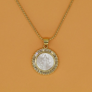 Golden St. Benedict medallion necklace with white shell inlay and zircon accents