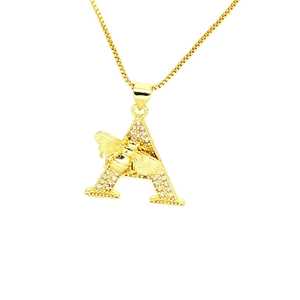 Gold letter A necklace with cubic zirconia and small bee detail on a box chain