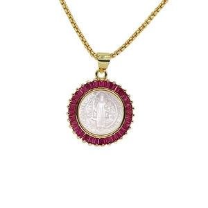 Golden Saint Benedict necklace with white shell pendant and red zircon frame