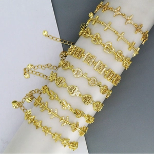 Elegant Gold Plated Copper Rhinestone Bracelet For Women Heart Cross Butterfly Plane Star Love Charm Link Adjustable Bracelet Jewelry Gift