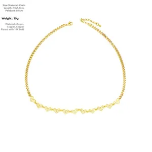 Detail view of 18K gold plated copper heart necklace with zircon inlay and dimensions