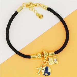 Detail of woven travel bracelet with gold plane, blue globe and passport charms