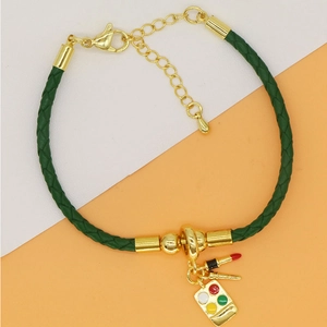 Green braided leather bracelet with golden makeup theme charms and lobster clasp