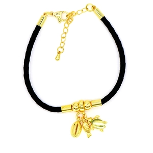 Black cord bracelet with gold sea shell, fish, and turtle charms and lobster clasp
