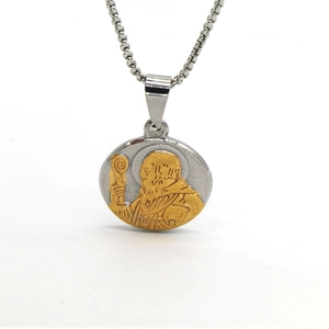 Two-tone titanium steel religious medal necklace with saint relief on square link chain