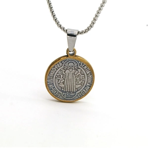Two-tone St. Benedict Medal pendant necklace in polished stainless steel for men and women