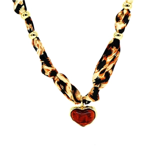 Vintage heart pendant necklace with leopard print satin ribbon and gold metal beads