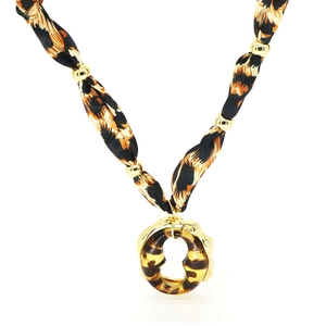 Leopard print silk necktie necklace with gold beads and tortoiseshell ring pendant