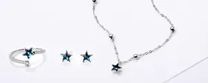 Detail of S925 sterling silver jewelry set featuring star-shaped blue crystals and zirconia