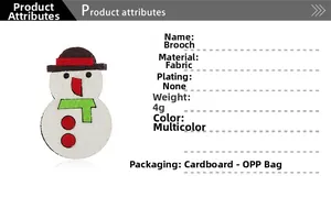Detail view of snowman fabric brooch weighing 4g with card and OPP bag packaging info