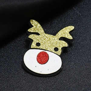 Vintage Christmas reindeer fabric brooch with red and gold glitter on black background