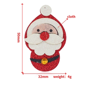 Vintage fabric Santa Claus brooch with red glitter, gold gem, and 50x32mm size specifications