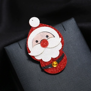 Sparkly glitter Santa Claus brooch in red and white fabric with a yellow rhinestone buckle