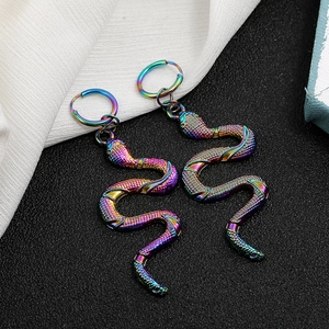 Rainbow snake earrings with detailed scale texture on black and white background