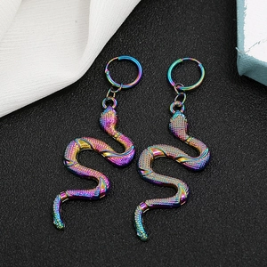 Rainbow-plated snake drop earrings with metallic scales and hinged hoops in a pair