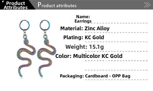 Detailed specs of zinc alloy snake earrings with KC gold plating and colorful finish