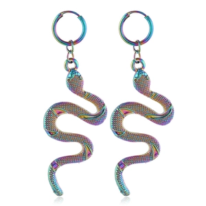 Rainbow iridescent snake hoop earrings with detailed scale texture in a vintage style