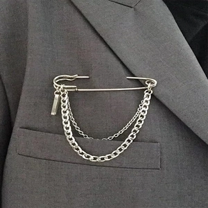 Minimalist Alloy Safety Pin Brooch With Metal Long Chains And Pendant Retro Punk Streetwear Jewelry For Women Men Gift