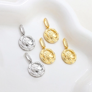 14k vergoldete Münzanhänger mit Reliefporträts und Zirkonia-Ösen für DIY-Schmuck
