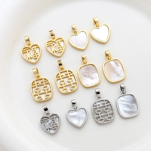 14K Gold Plated Copper Mother Of Artificial Pearl Heart Square Pendant Only Without Chain Fu Xi Hollow Out DIY Jewelry Accessories