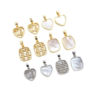 14k gold-filled mother of pearl heart and square pendants with Fu and Xi Chinese characters