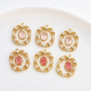 Vintage Francese Oro 14K Placcato Rame Zirconia Cubica Pizzo Ciondolo Ovale Singolo (Senza Catena) Per Gioielli Fai Da Te