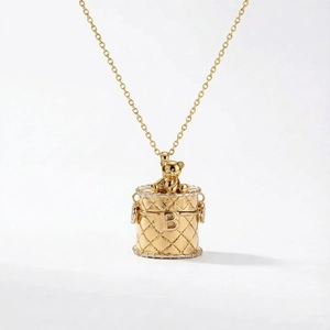 Golden teddy bear waffle barrel pendant necklace with letter B and zircon crystals