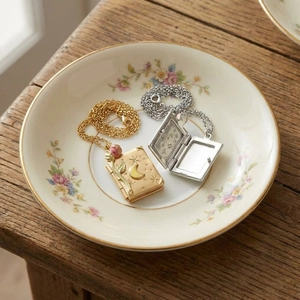 Retro book-shaped locket necklace with rose and moon relief in gold and silver finish