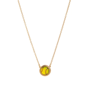 Golden necklace featuring a round softball pendant with red stitching on a thin chain