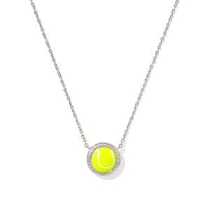 Close-up of a silver tennis pendant necklace with yellow enamel and sparkling zircon detail