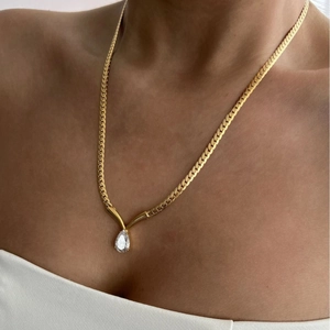 Fashion Stainless Steel Waterdrop Rhinestone Pendant Necklace Luxury Gold Silver Snake Chain Clavicle Chain Jewelry For Women